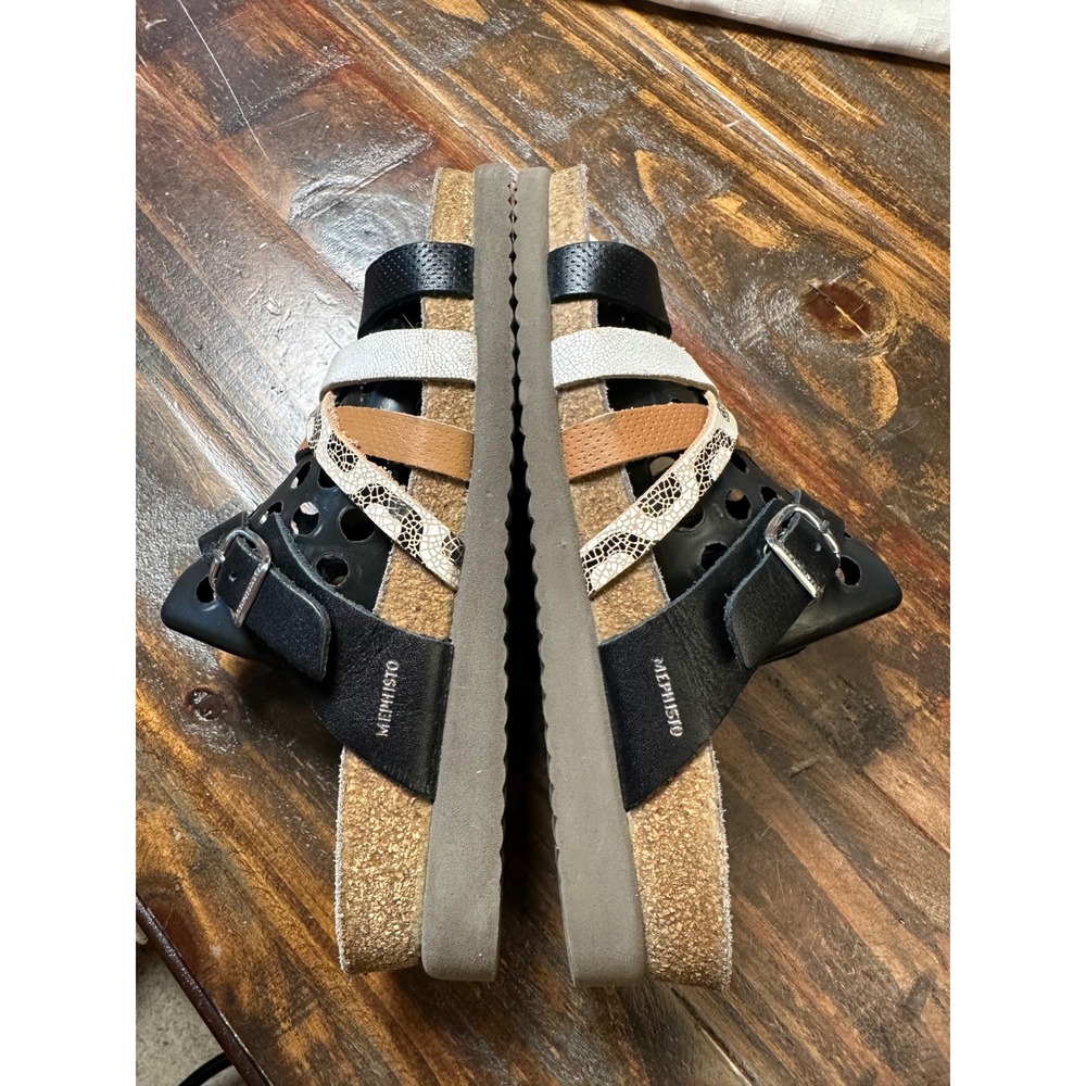 Mephisto Air-Relax Women 38 or 8 Black Leather MultiStrap Snakeskin Cork Sandal - Picture 6 of 13